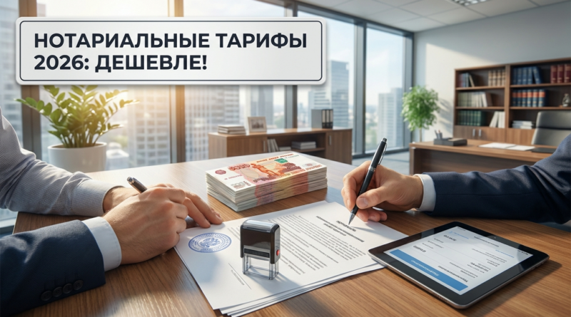 Печать нотариуса и финансовые документы, символизирующие снижение стоимости оформления сделок в 2026 году