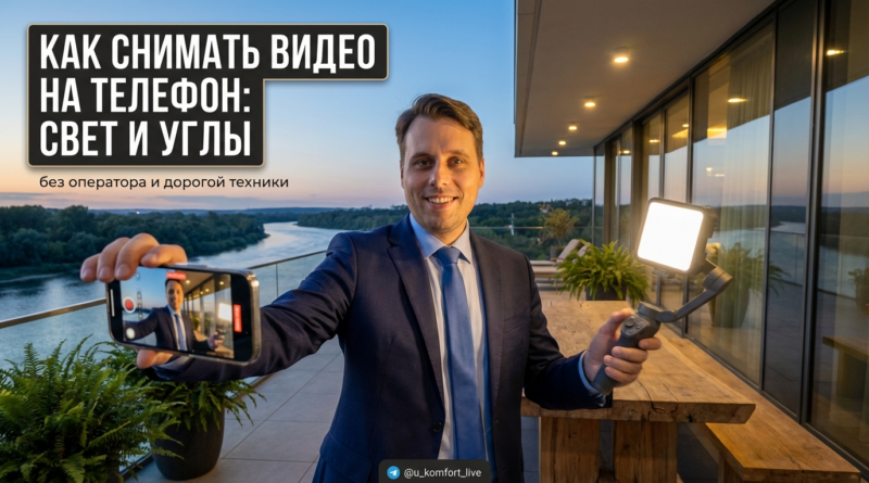 Человек снимает себя на смартфон со штативом и правильным светом